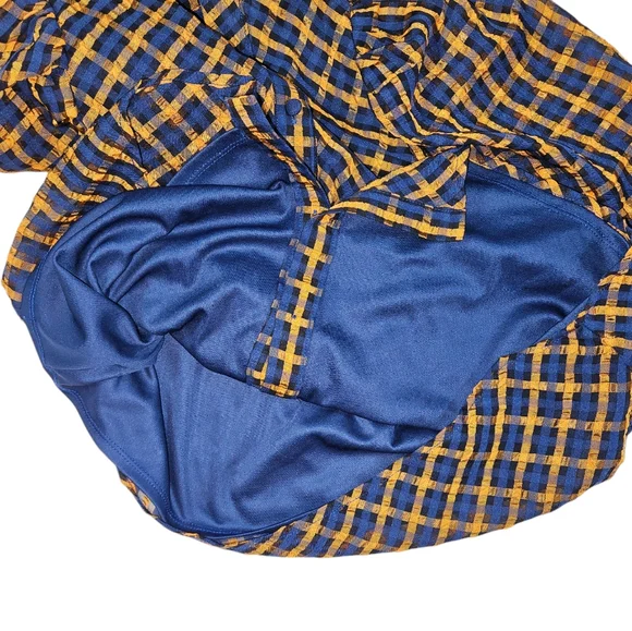 Eva Franco Anthropologie Textured Blue Yellow Plaid Blouse Size 2 Puff Sleeves - Picture 11 of 16